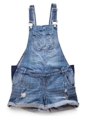 Indigo Blue Maternity Denim Overall Shorts Size Medium Distressed Bib Shorts